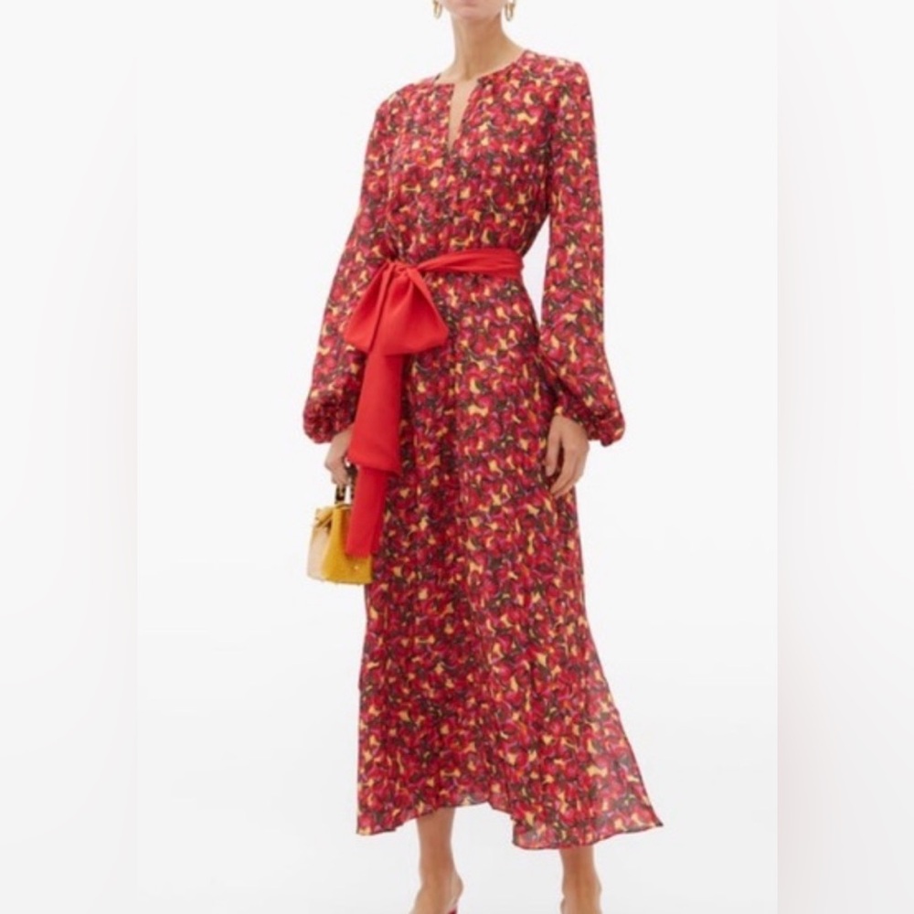 Saloni 100% Silk Red Yellow Floral Print Maxi Dress *No Sash* US Size 2